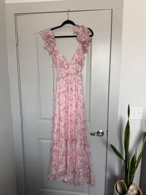 Storia Pink Floral Maxi Dress with Rosette Shoulders